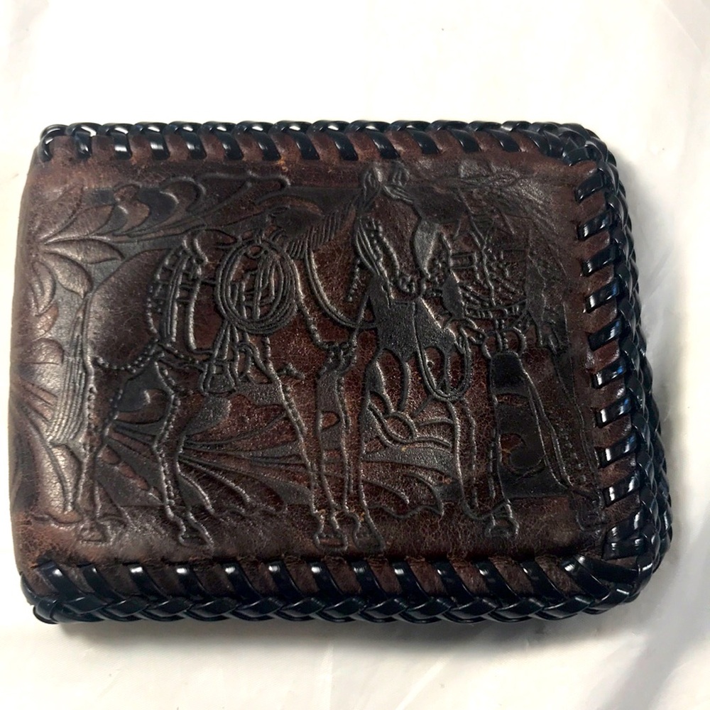 Vintage Handmade Tooled  Brown Leather Western Cowboy Horse and Flowers Wallet